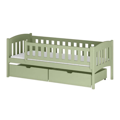 Green children's bed with white mattress on a white background