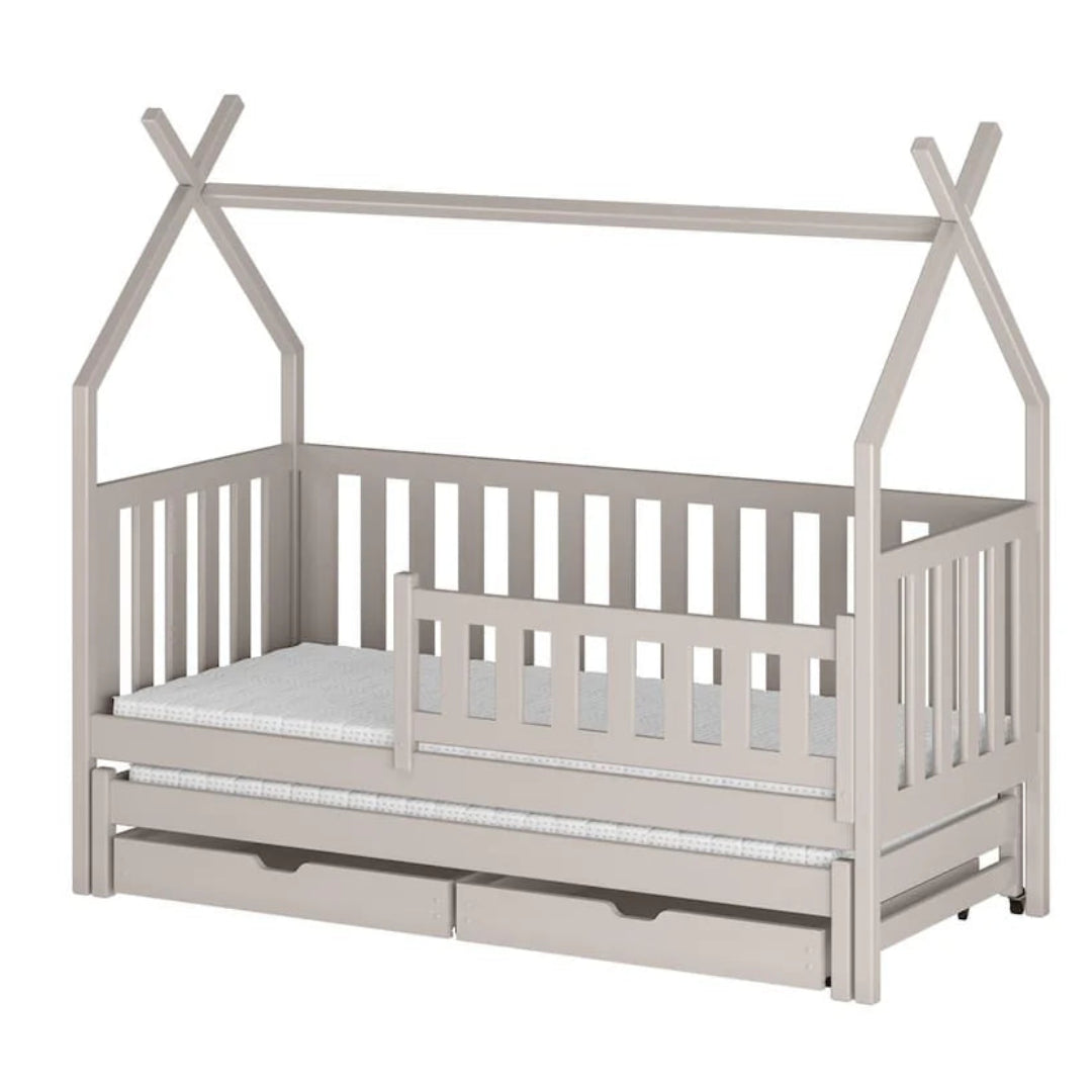 Children's house-shaped bed with a mattress on a white background