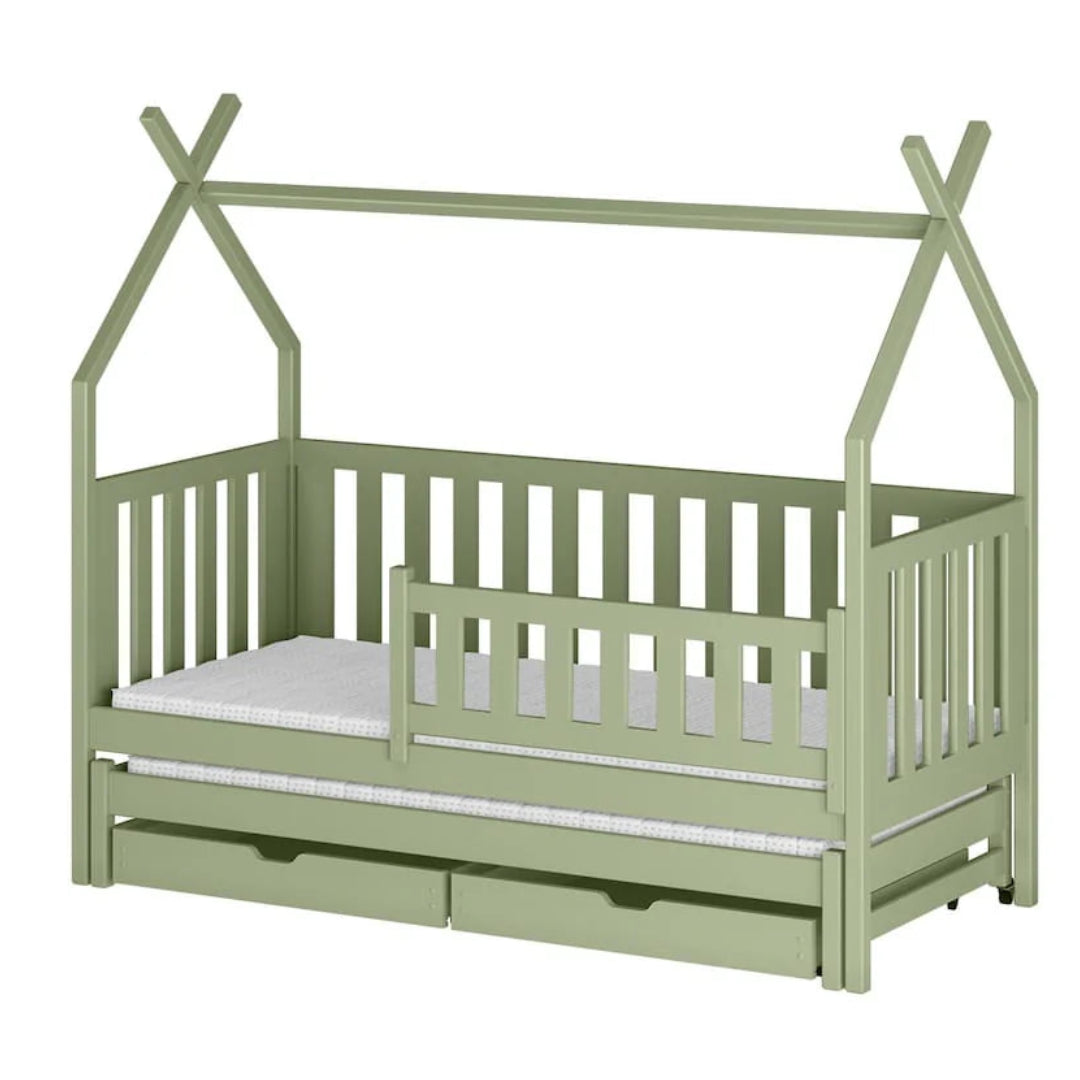 Green children's bed with a white mattress on a white background