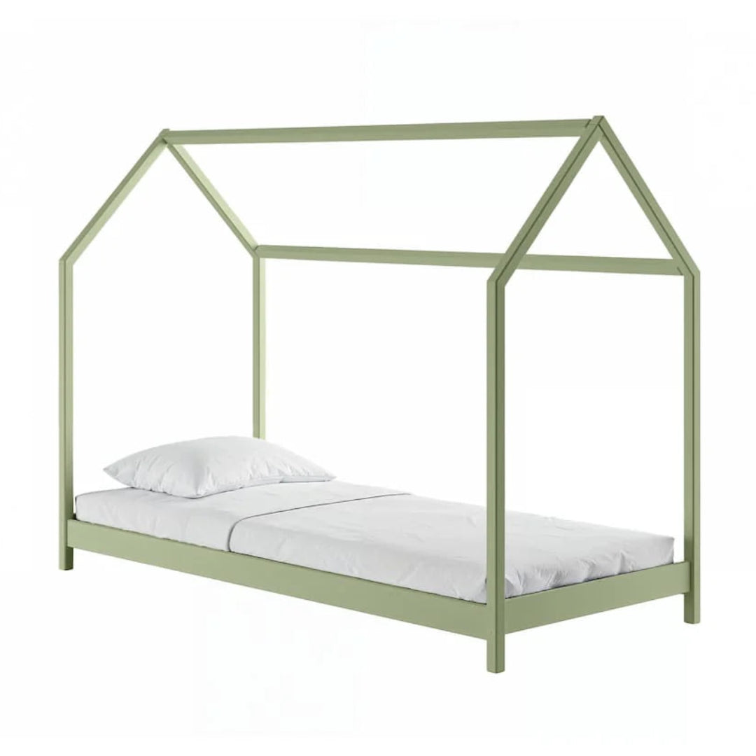 Green children's bed with a house-shaped canopy on a white background