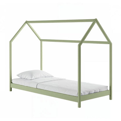 Green children's bed with a house-shaped canopy on a white background