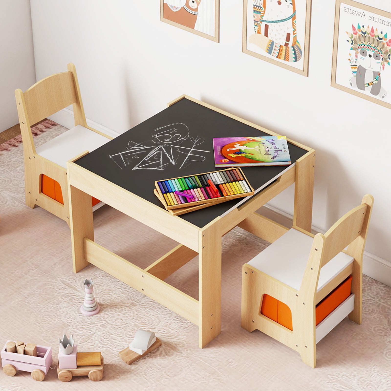 Wooden Activity Table with 2 Seats and Detachable Dual-Sided Tabletop-Natural