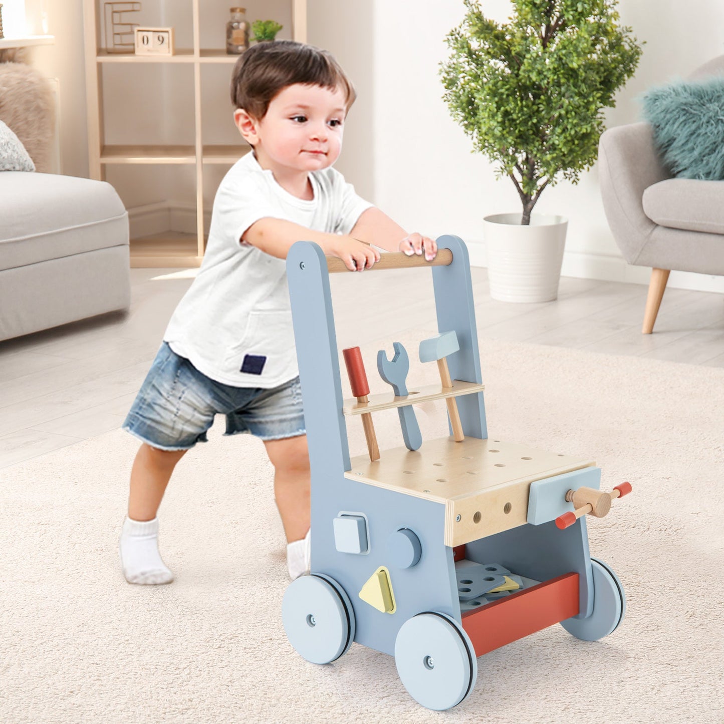 2-in-1 Wooden Baby Push Walker with Multi-Activity Center