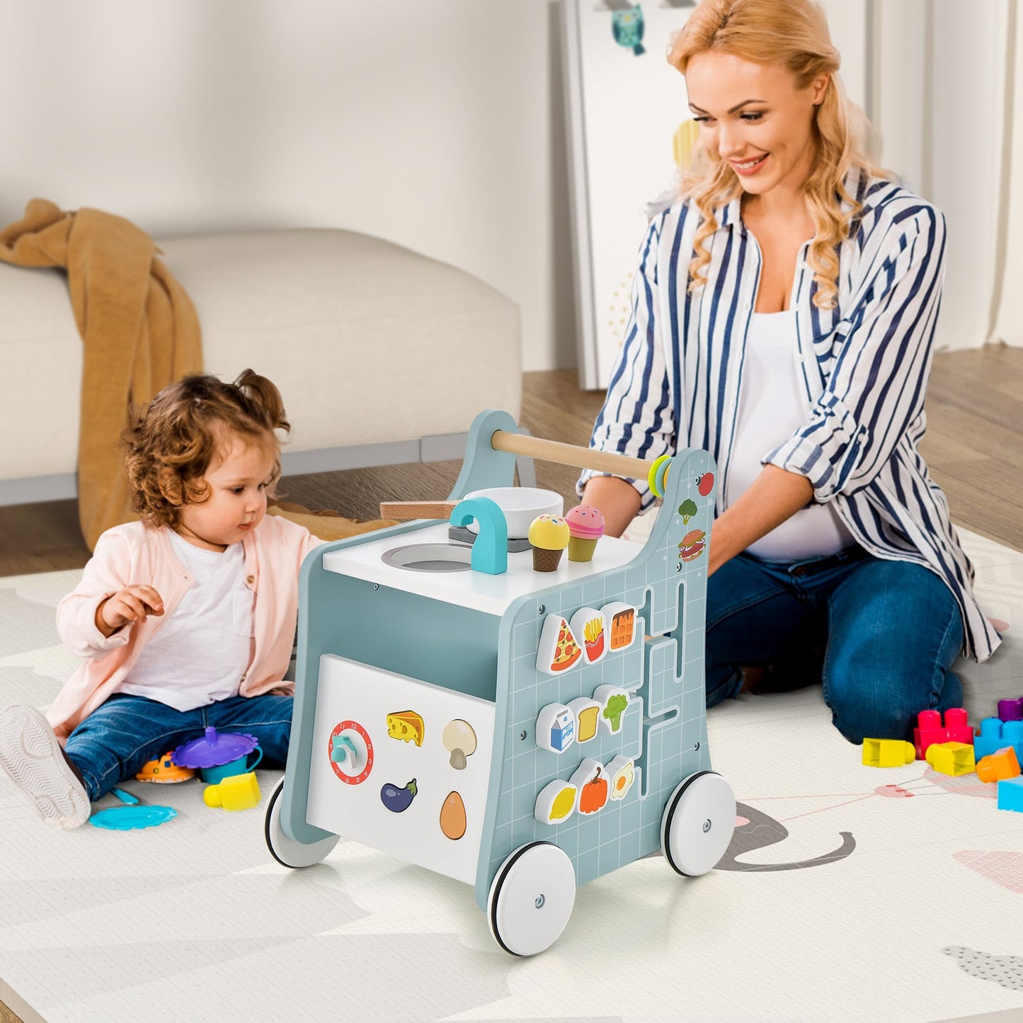 6-in-1 Wooden Baby Stroller Push and Pull Learning Activity Center-Blue