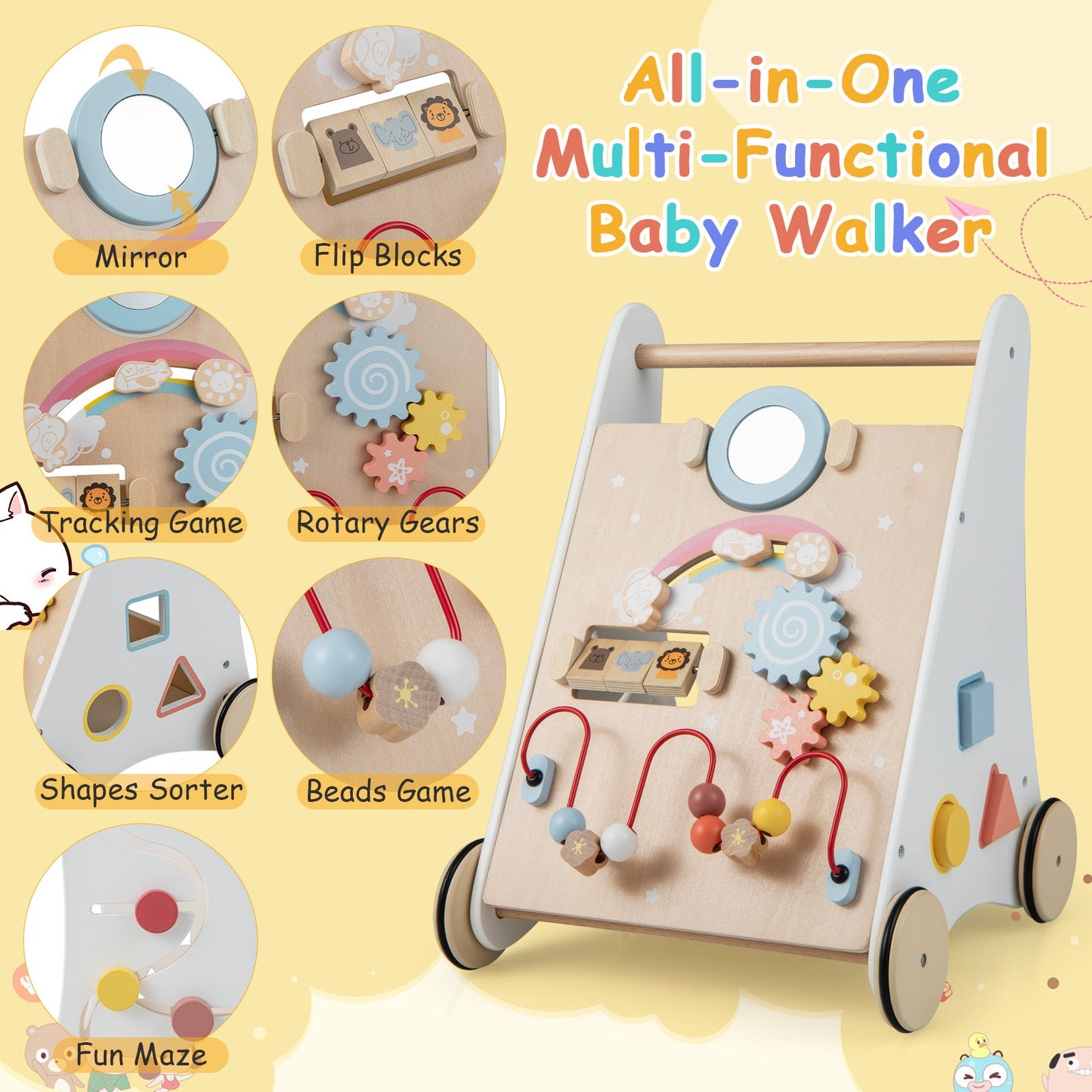 Wooden Baby Walker with Multiple Activities Center for Over 1 Year Old-White