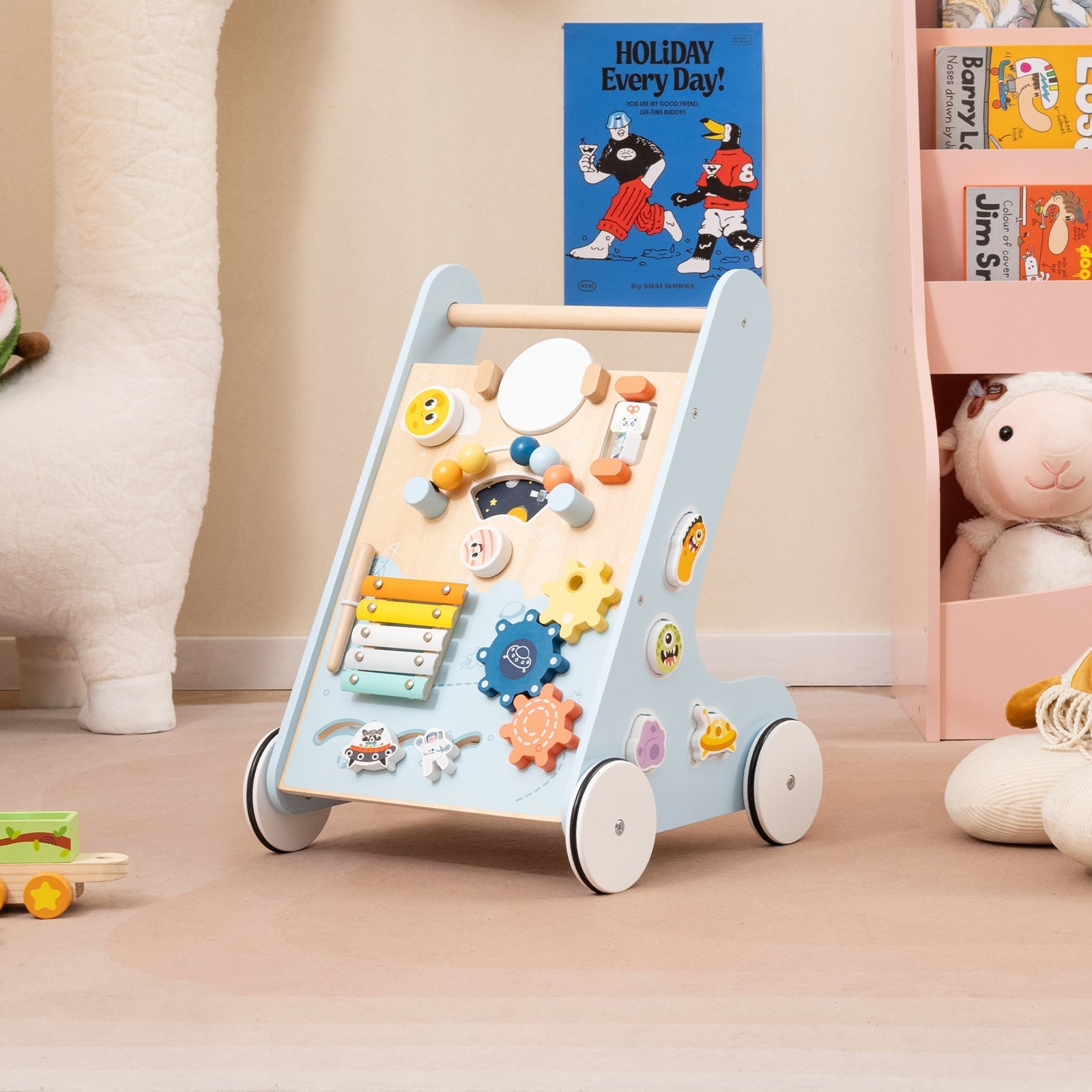 Wooden Baby Walker with Wheels for Boys and Girls 1+ Years Old-Blue