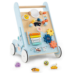 Wooden Baby Walker with Wheels for Boys and Girls 1+ Years Old-Blue
