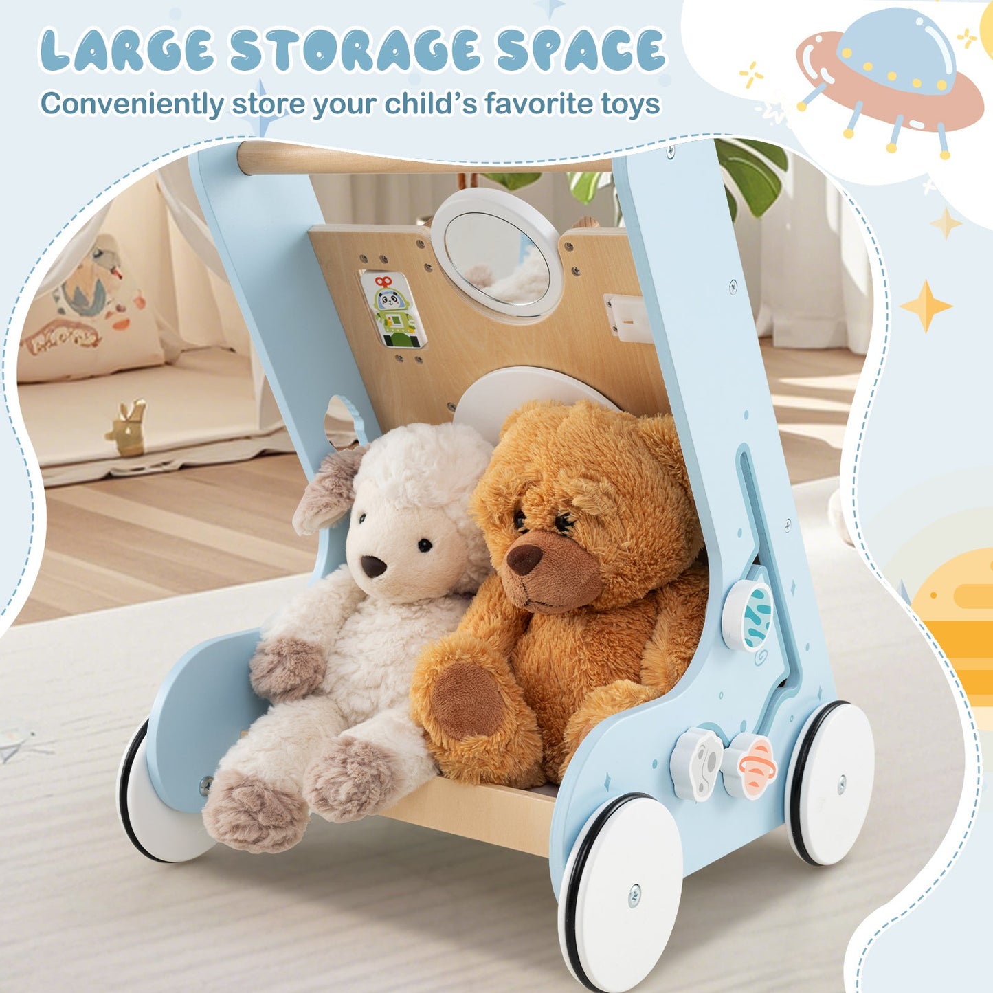 Wooden Baby Walker with Wheels for Boys and Girls 1+ Years Old-Blue
