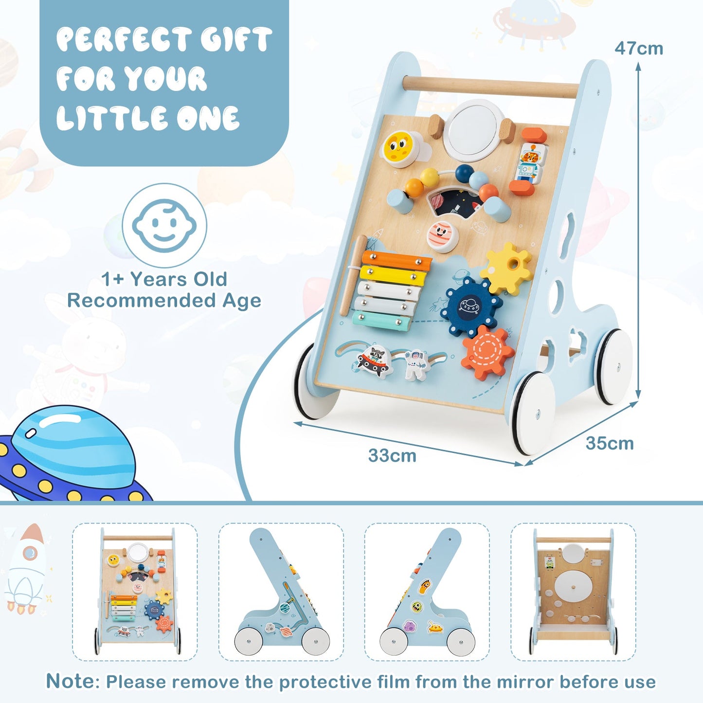 Wooden Baby Walker with Wheels for Boys and Girls 1+ Years Old-Blue
