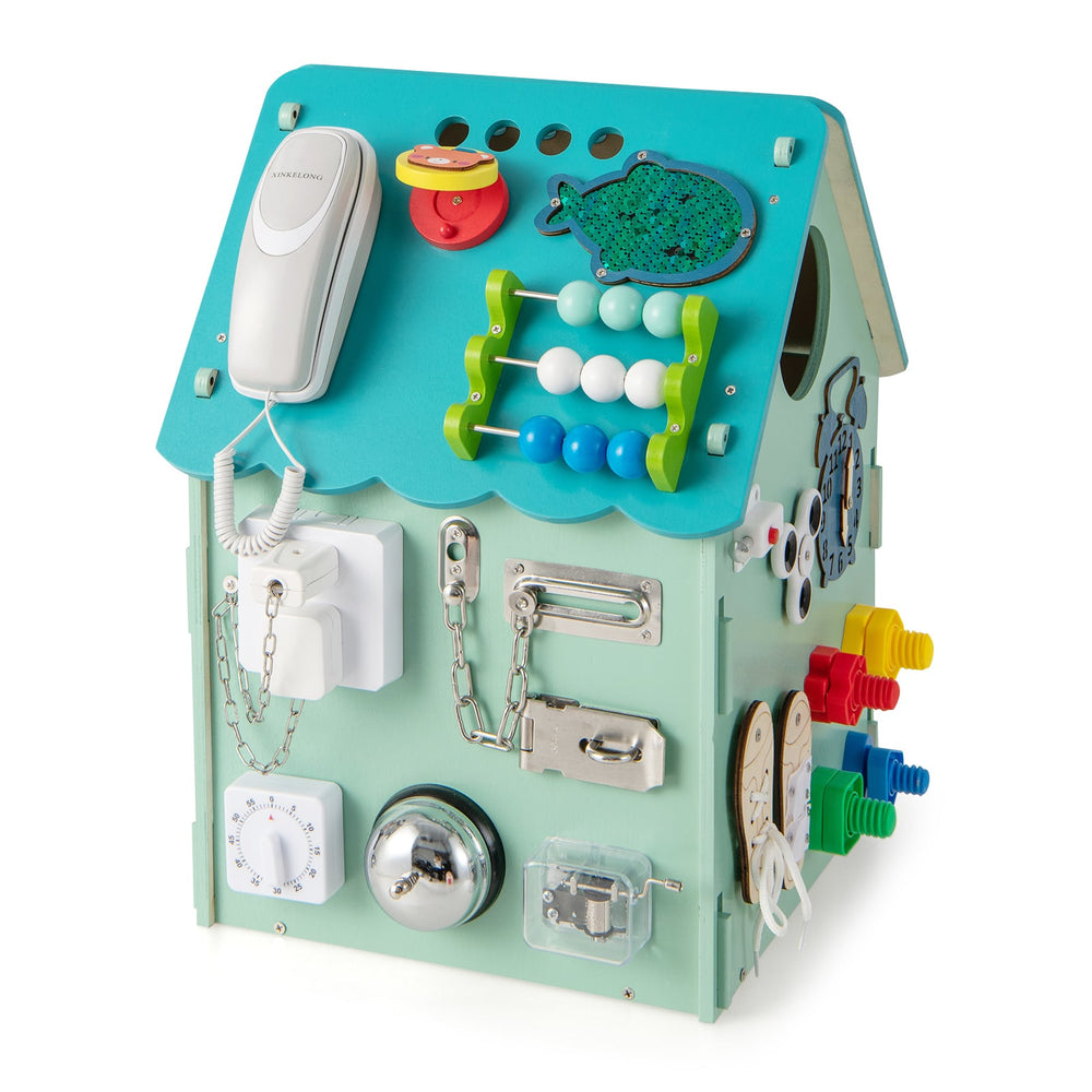 Wooden Busy House Toddler Learning Toy with Music Box-Blue