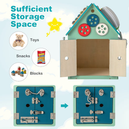 Wooden Busy House Toddler Learning Toy with Music Box-Blue