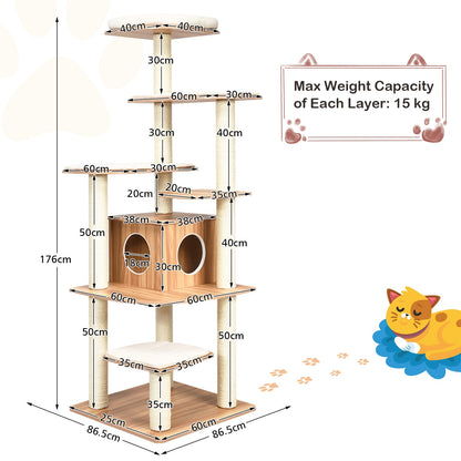 176 CM Wooden Cat Tree with Condo and Free Cushions