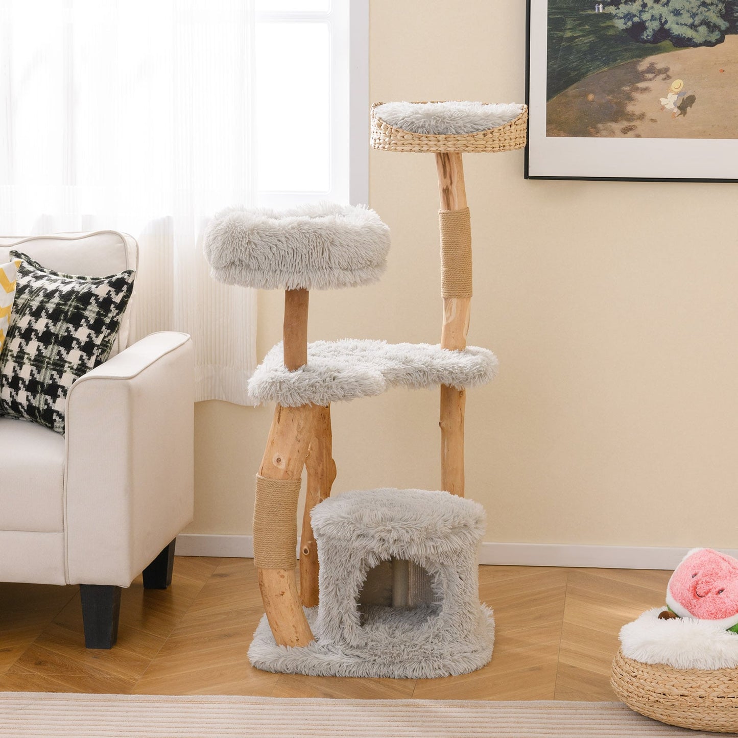124 CM Tall Wooden Cat Tree with Jute Scratching Posts-Grey
