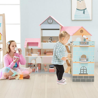 Wooden Corner Dollhouse Playset Pink Roof Doll House-Pink