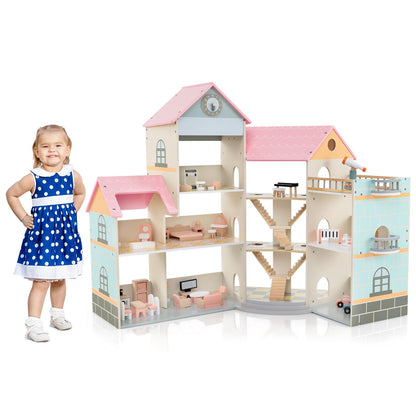 Wooden Corner Dollhouse Playset Pink Roof Doll House-Pink