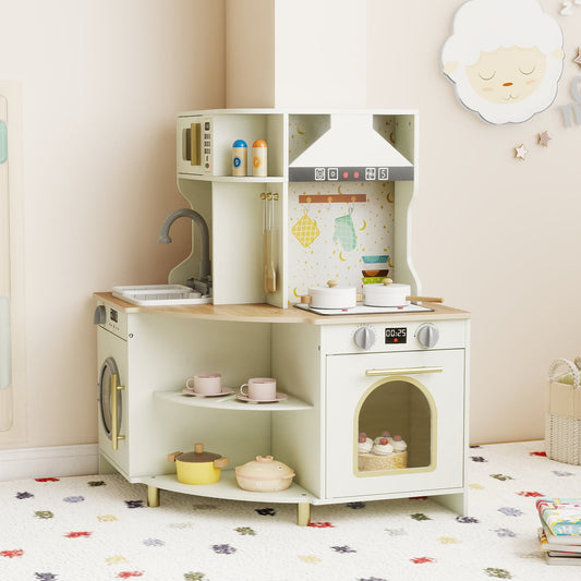 Wooden Corner Kitchen Playset with Working Faucet and Realist Sounds-Beige