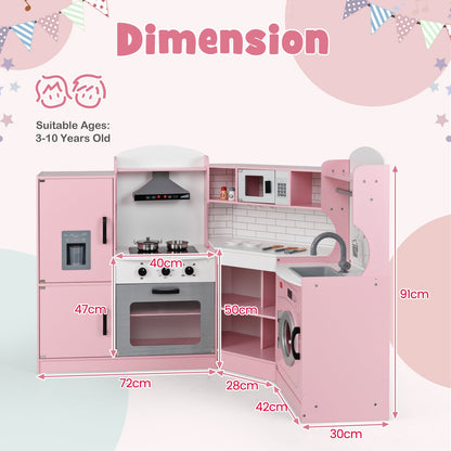 Wooden Corner Play Kitchen with Sounds and Lights-Pink