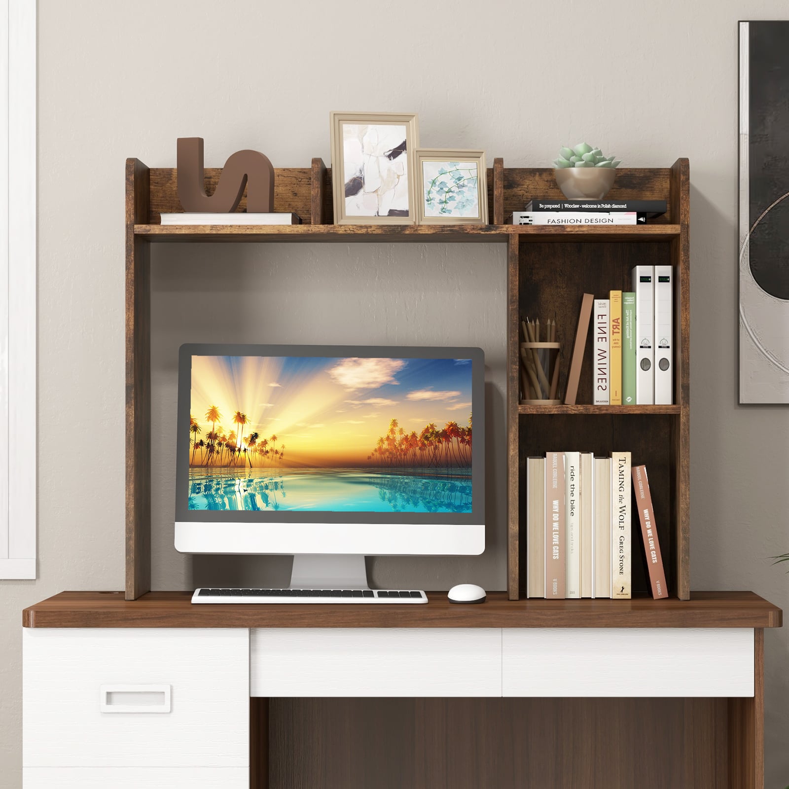 Wooden Desk Bookshelf with 4 Shelves and Open Back Compartment-Rustic Brown