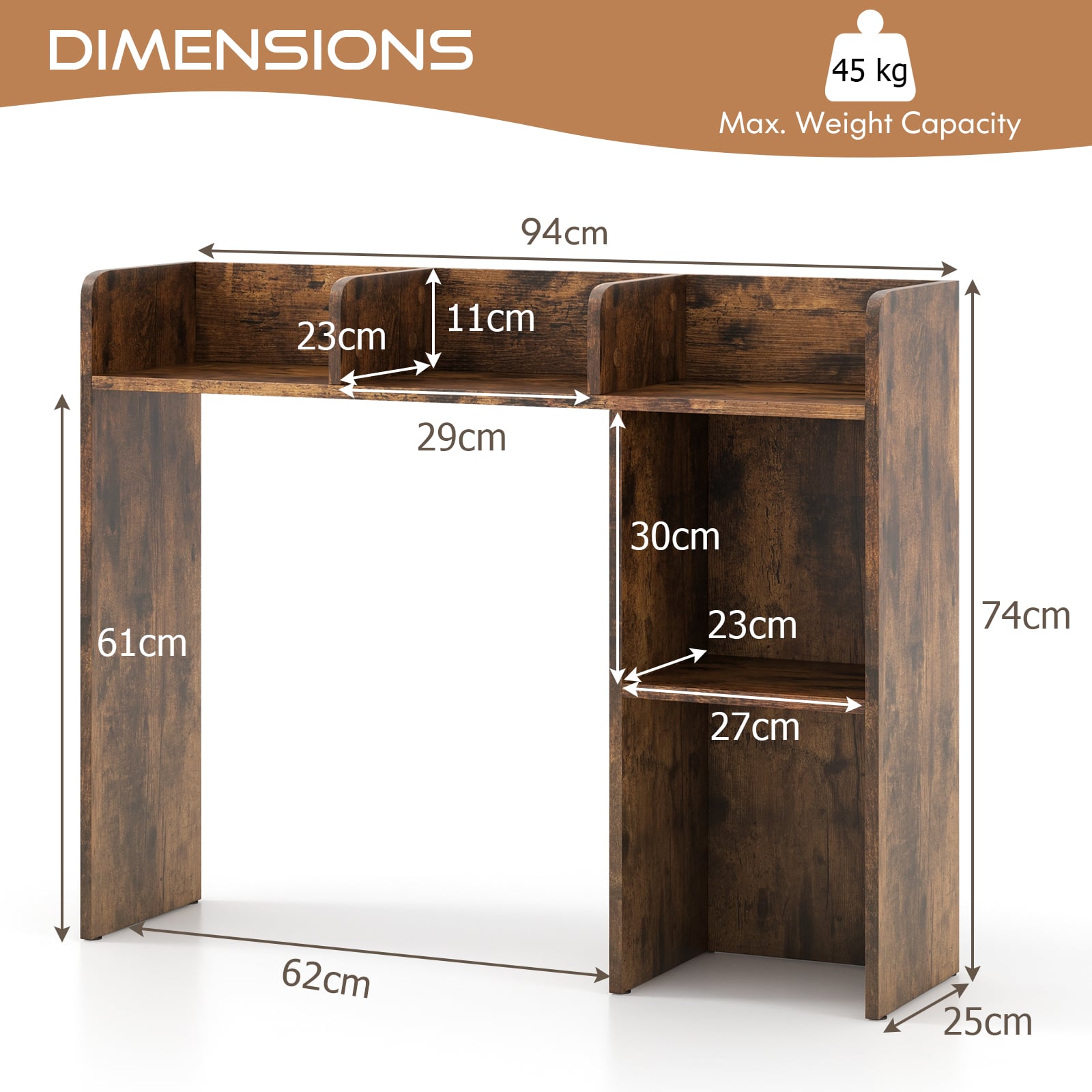 Wooden Desk Bookshelf with 4 Shelves and Open Back Compartment-Rustic Brown