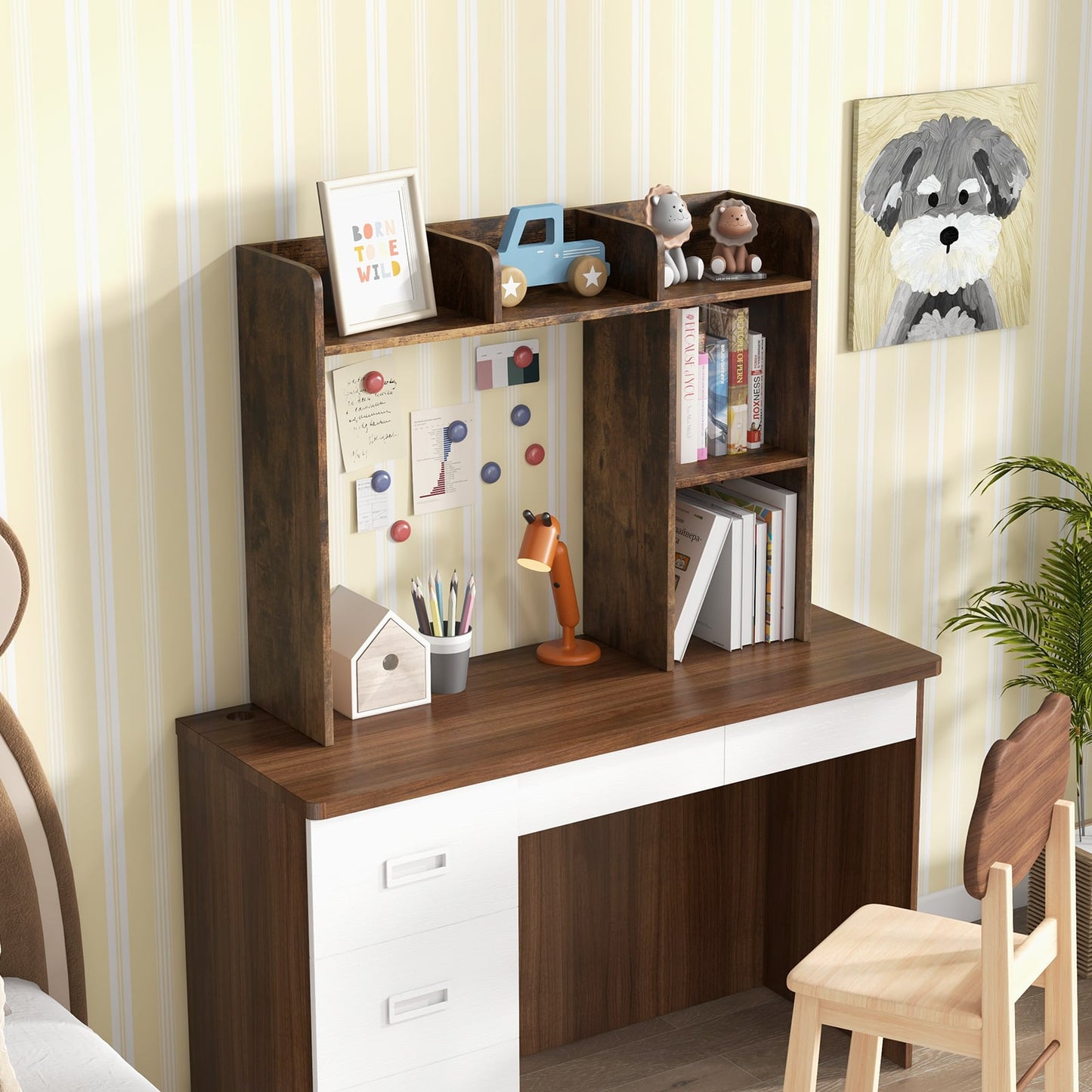 Wooden Desk Bookshelf with 4 Shelves and Open Back Compartment-Rustic Brown