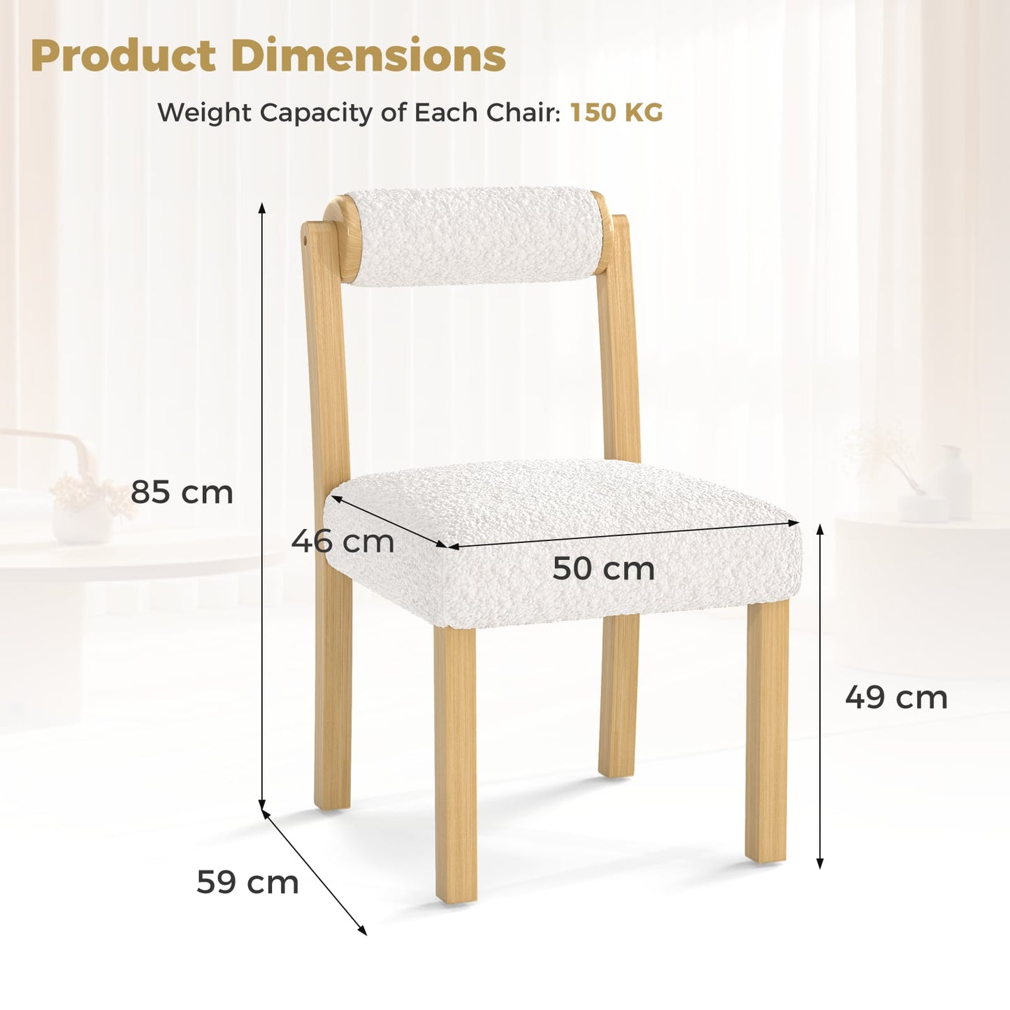 Wooden Dining Chair Set of 2 Faux Sherpa Upholstered Kitchen Chairs-White