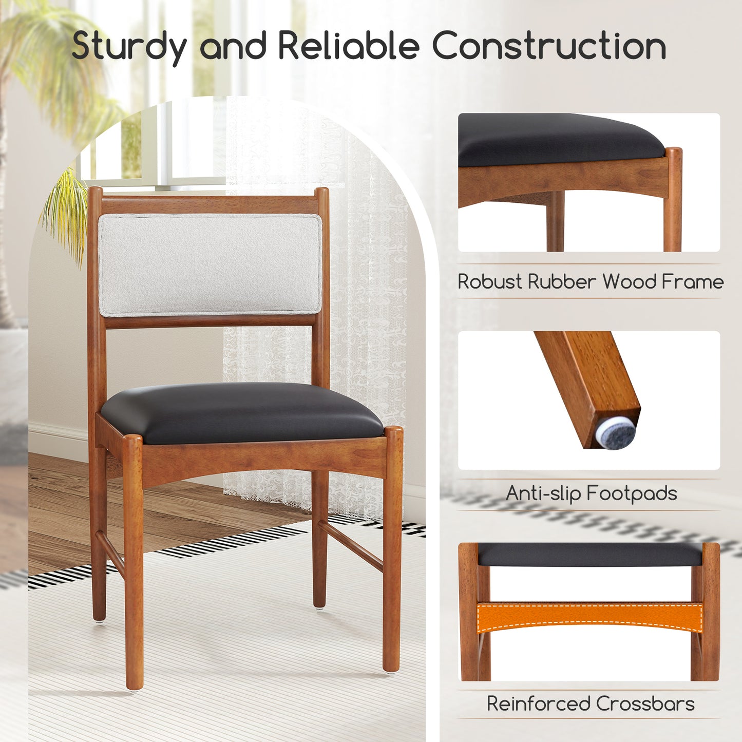 Wooden Dining Chair with Rubber Wood Frame Set of 2-Walnut