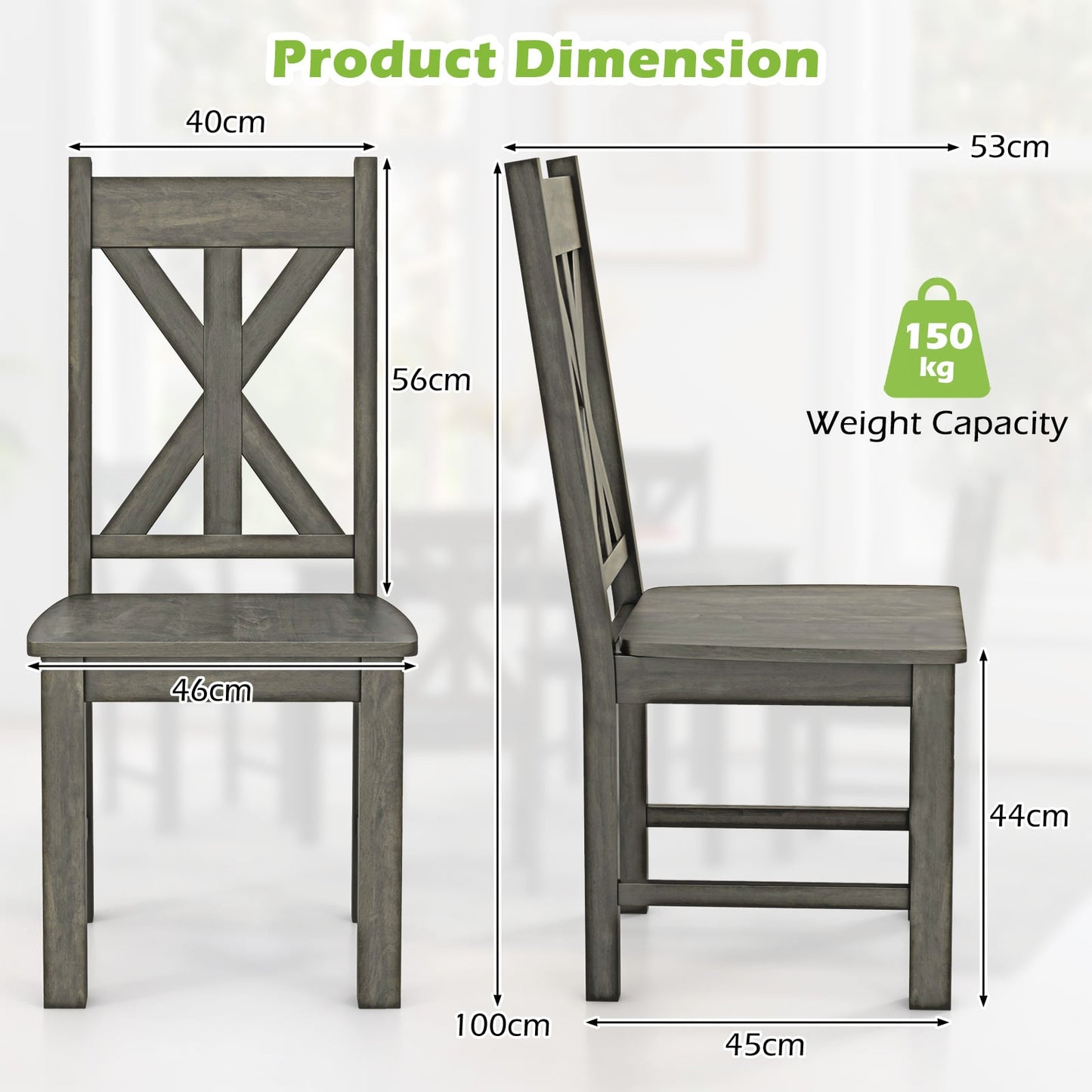 Wooden Dining Chairs Set of 2 with Rubber Wood Frame and Elegant Hollowed Backrest-Grey