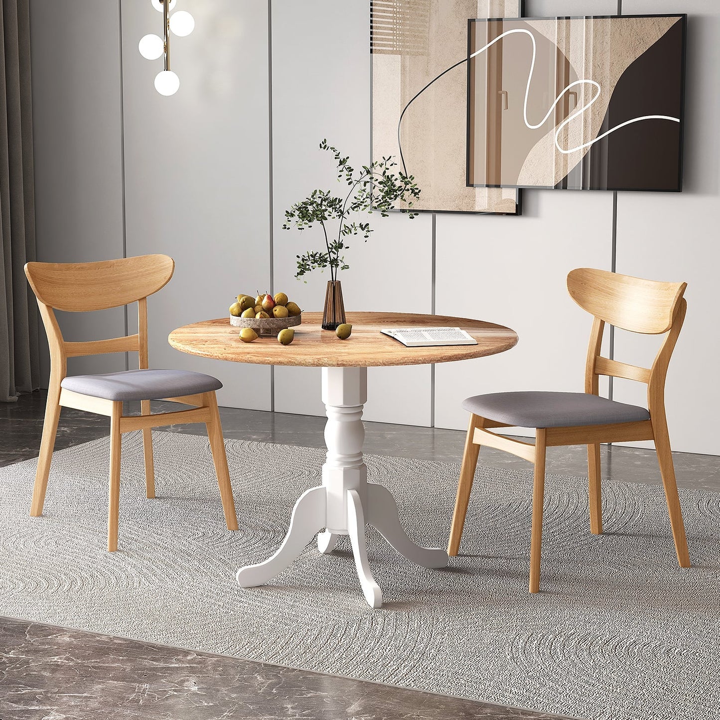 Wooden Dining Table with Round Tabletop and Curved Trestle Legs-Natural &amp; White