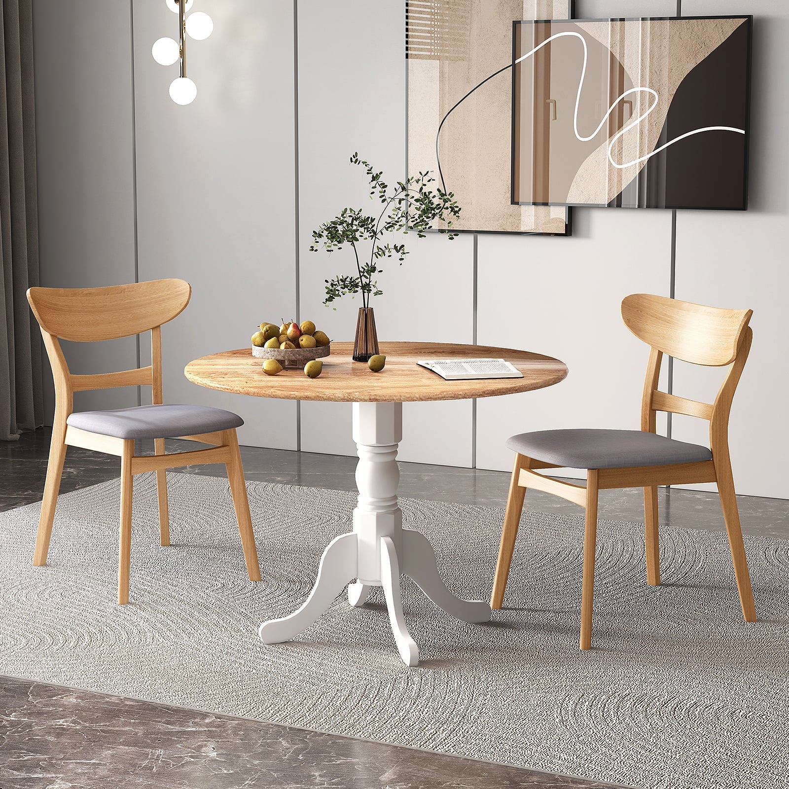 Wooden Dining Table with Round Tabletop and Curved Trestle Legs-Natural &amp; White