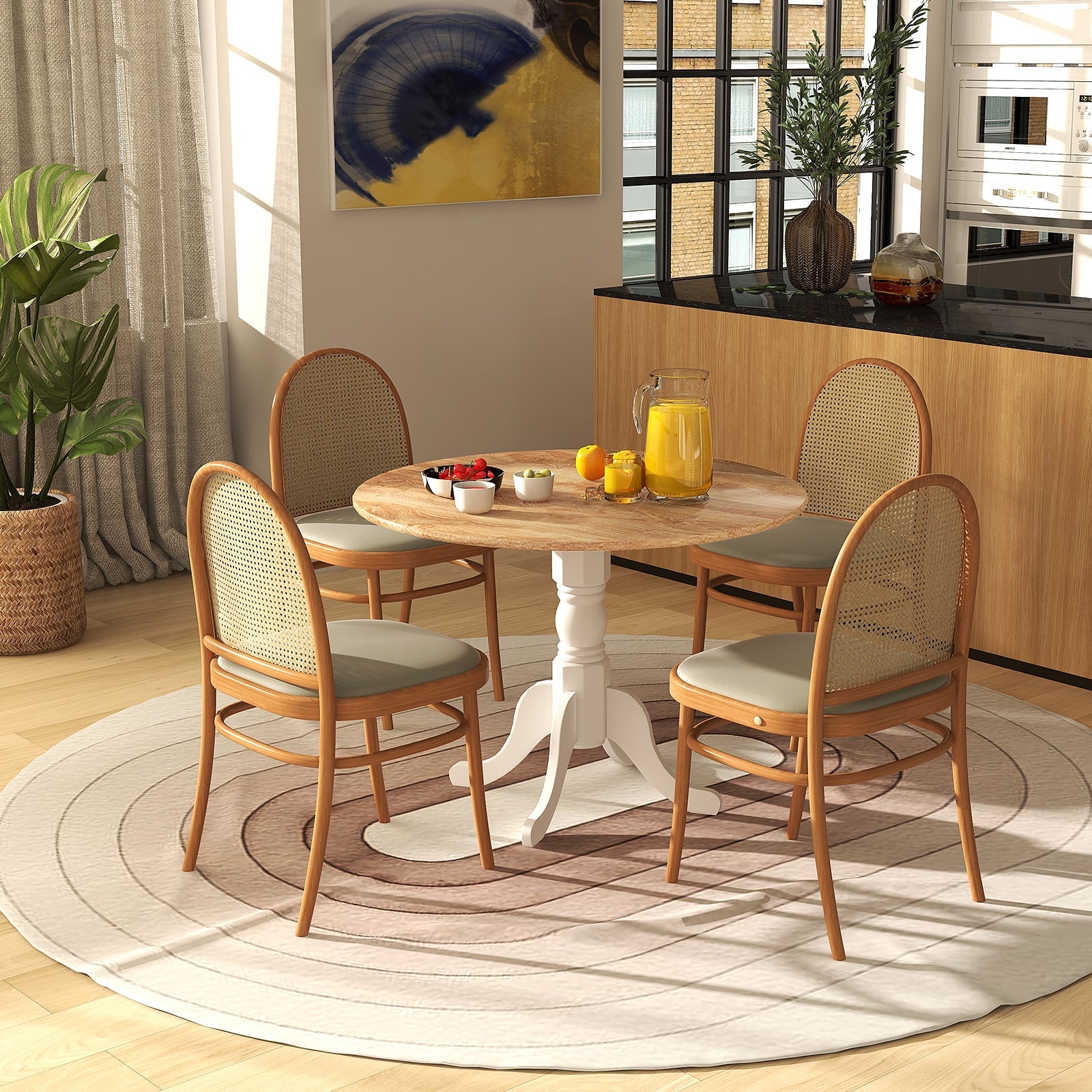 Wooden Dining Table with Round Tabletop and Curved Trestle Legs-Natural &amp; White