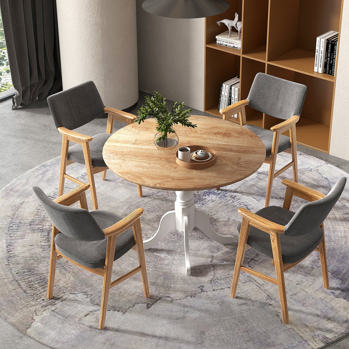 Wooden Dining Table with Round Tabletop and Curved Trestle Legs-Natural &amp; White