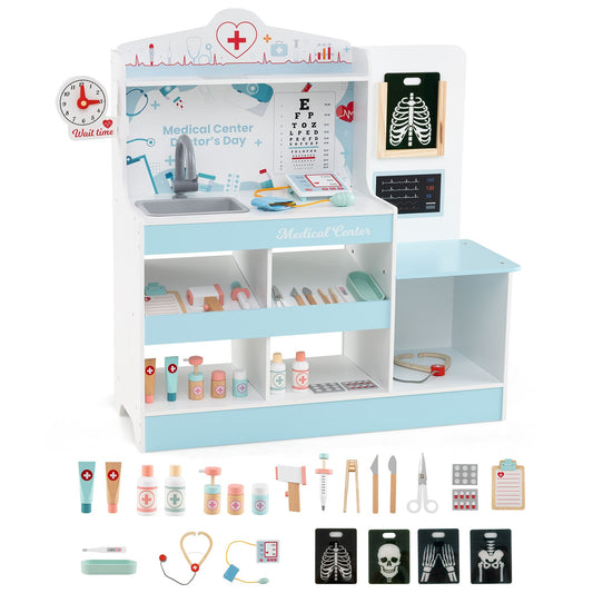 Wooden Doctor Play Set Kids Medical Center with Storage for Boys and Girls 3+ Years Old-Blue