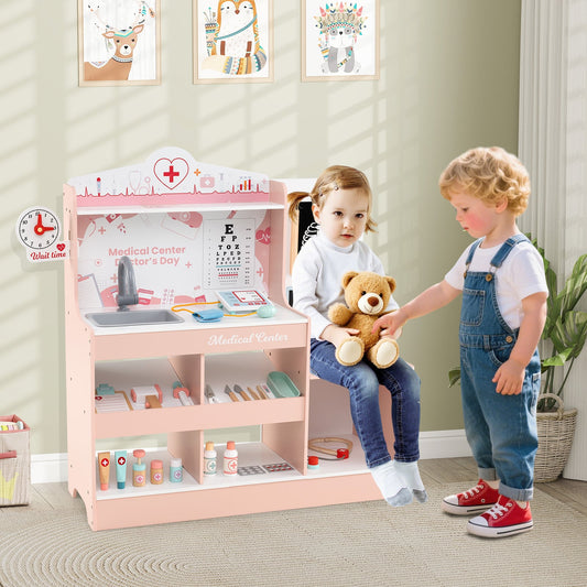 Wooden Doctor Play Set Kids Medical Center with Storage for Boys and Girls 3+ Years Old-Pink