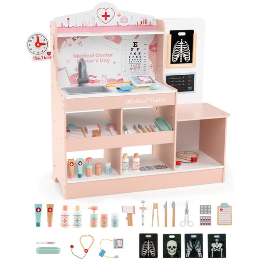 Wooden Doctor Play Set Kids Medical Center with Storage for Boys and Girls 3+ Years Old-Pink