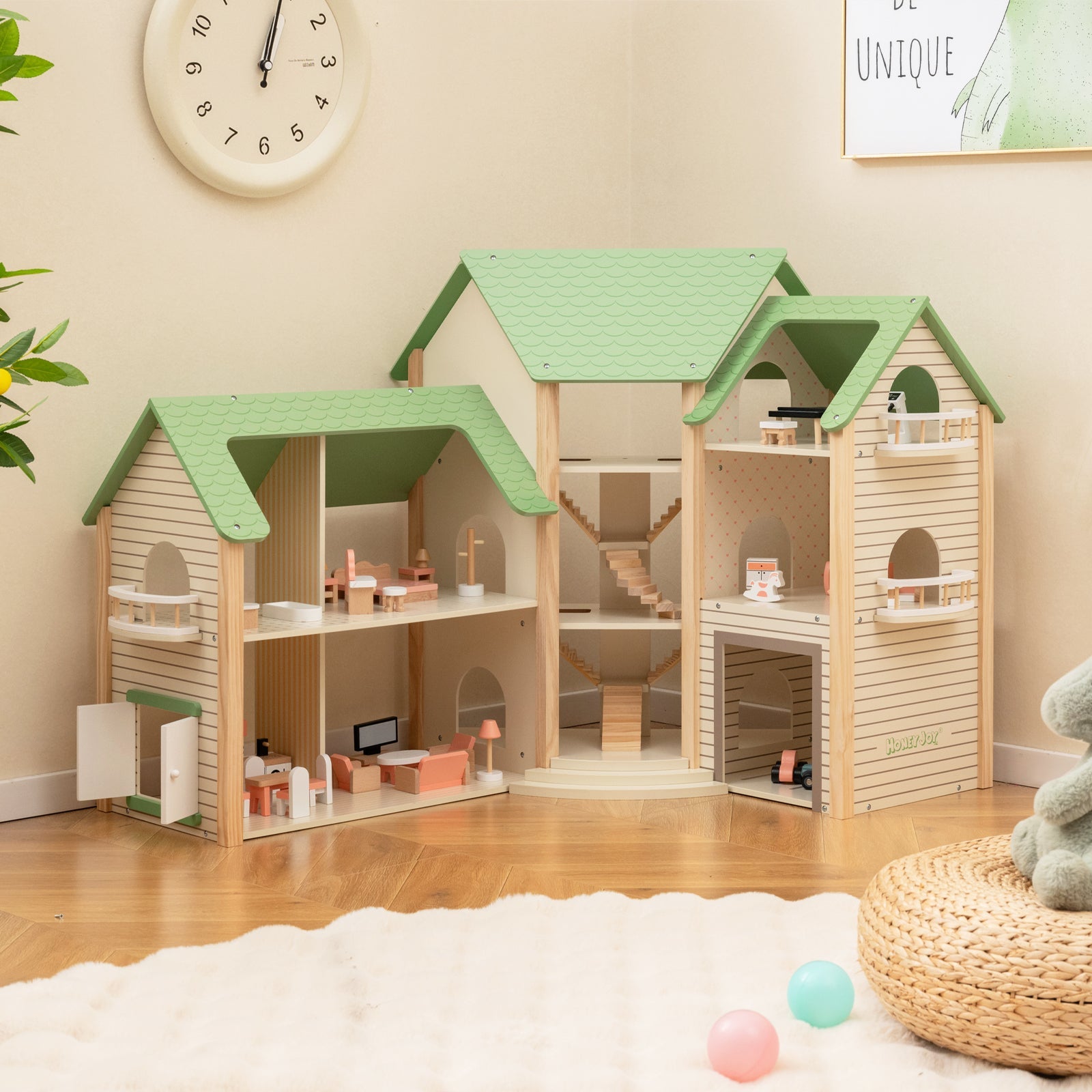  Wooden Dollhouse with 36 Pieces Accessories for Kids-Green