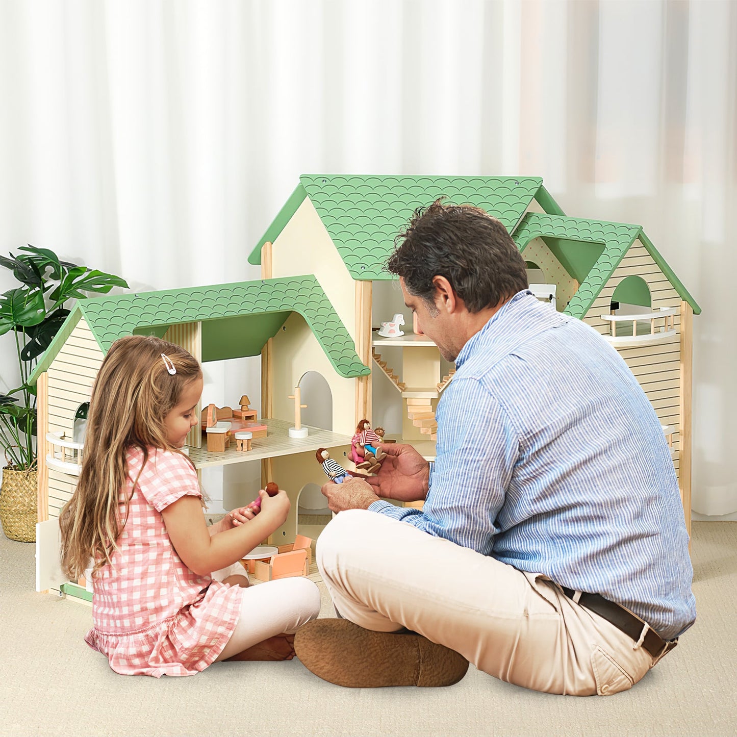  Wooden Dollhouse with 36 Pieces Accessories for Kids-Green