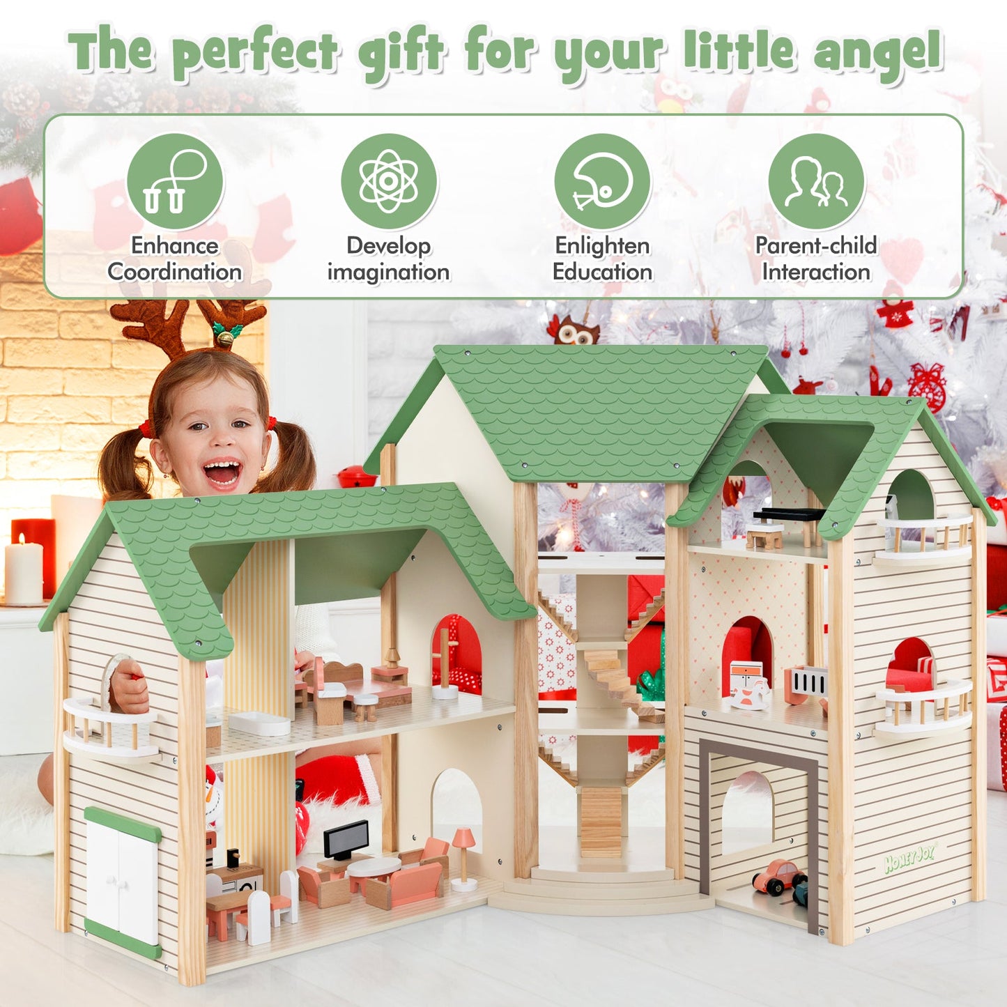  Wooden Dollhouse with 36 Pieces Accessories for Kids-Green