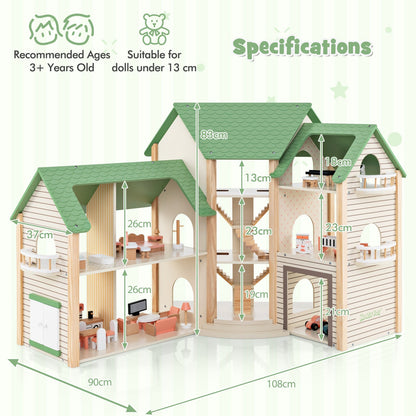 Wooden Dollhouse with 36 Pieces Accessories for Kids-Green