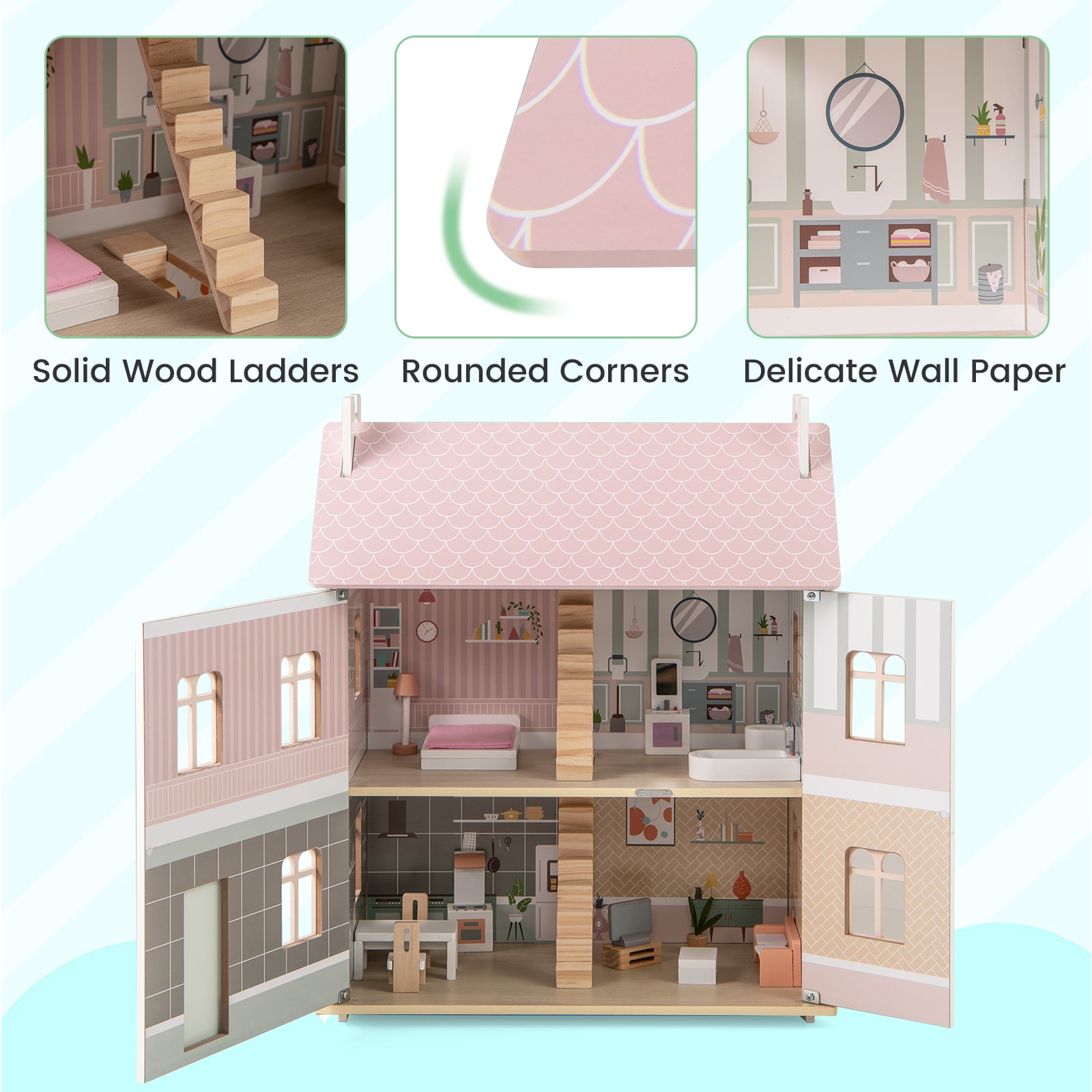 Wooden Dollhouse with Furniture and Accessories for Kids-Pink