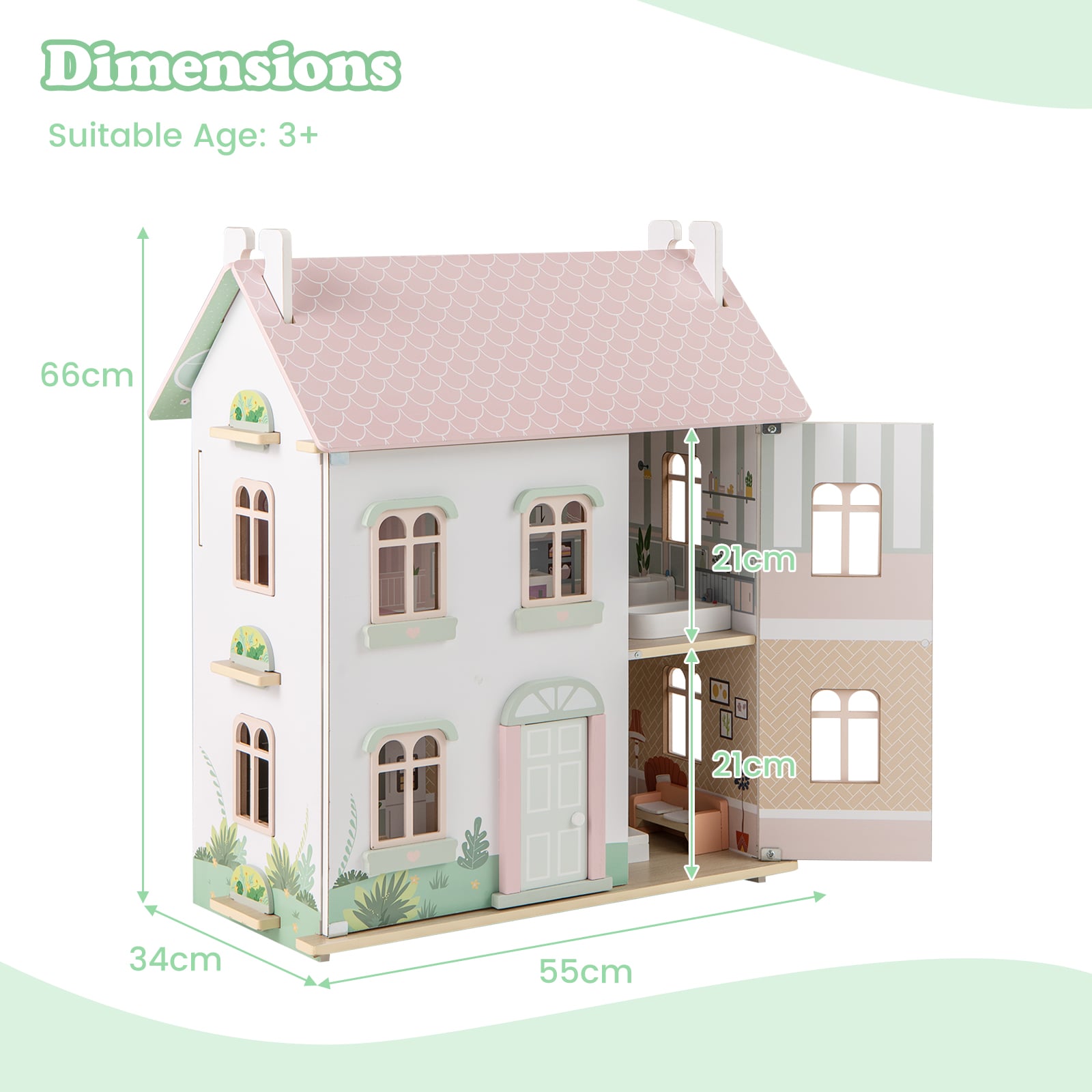 Wooden Dollhouse with Furniture and Accessories for Kids-Pink