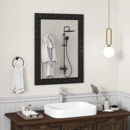 80 x 60 cm Wooden Framed Wall Mirror with Metal Hooks-Black