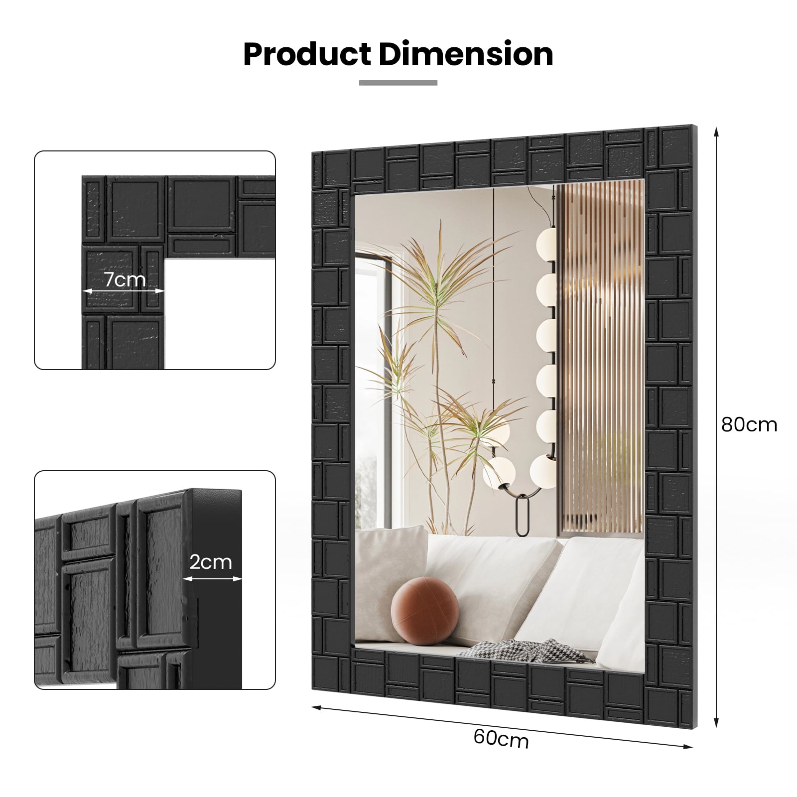 80 x 60 cm Wooden Framed Wall Mirror with Metal Hooks-Black