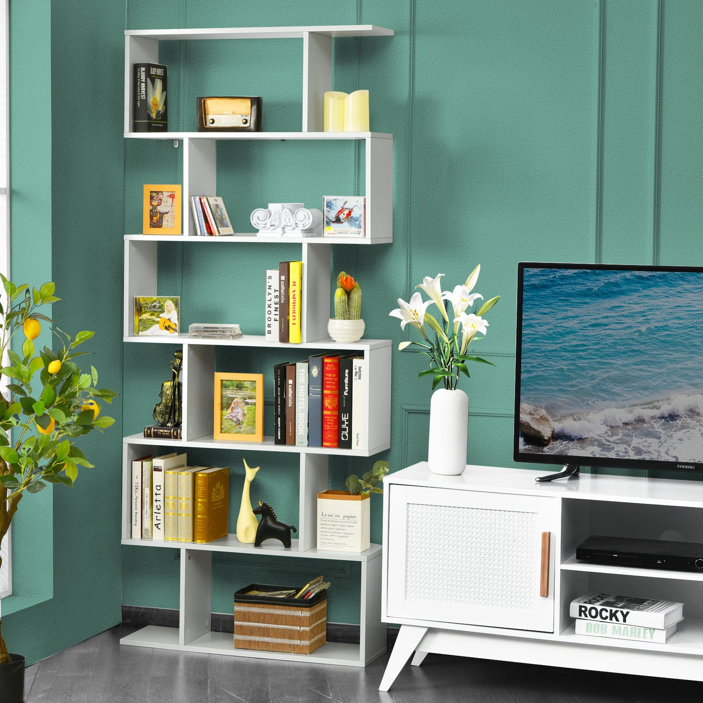 6-tier S-shaped Wooden Industrial Bookshelf-White