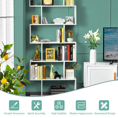 6-tier S-shaped Wooden Industrial Bookshelf-White