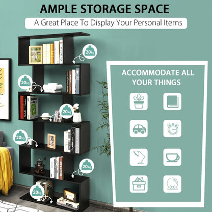 6-tier S-shaped Wooden Industrial Bookshelf-Black