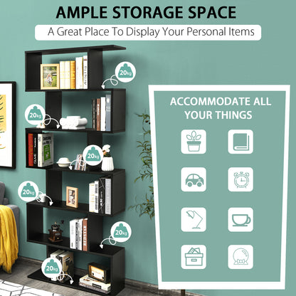 6-tier S-shaped Wooden Industrial Bookshelf-Black