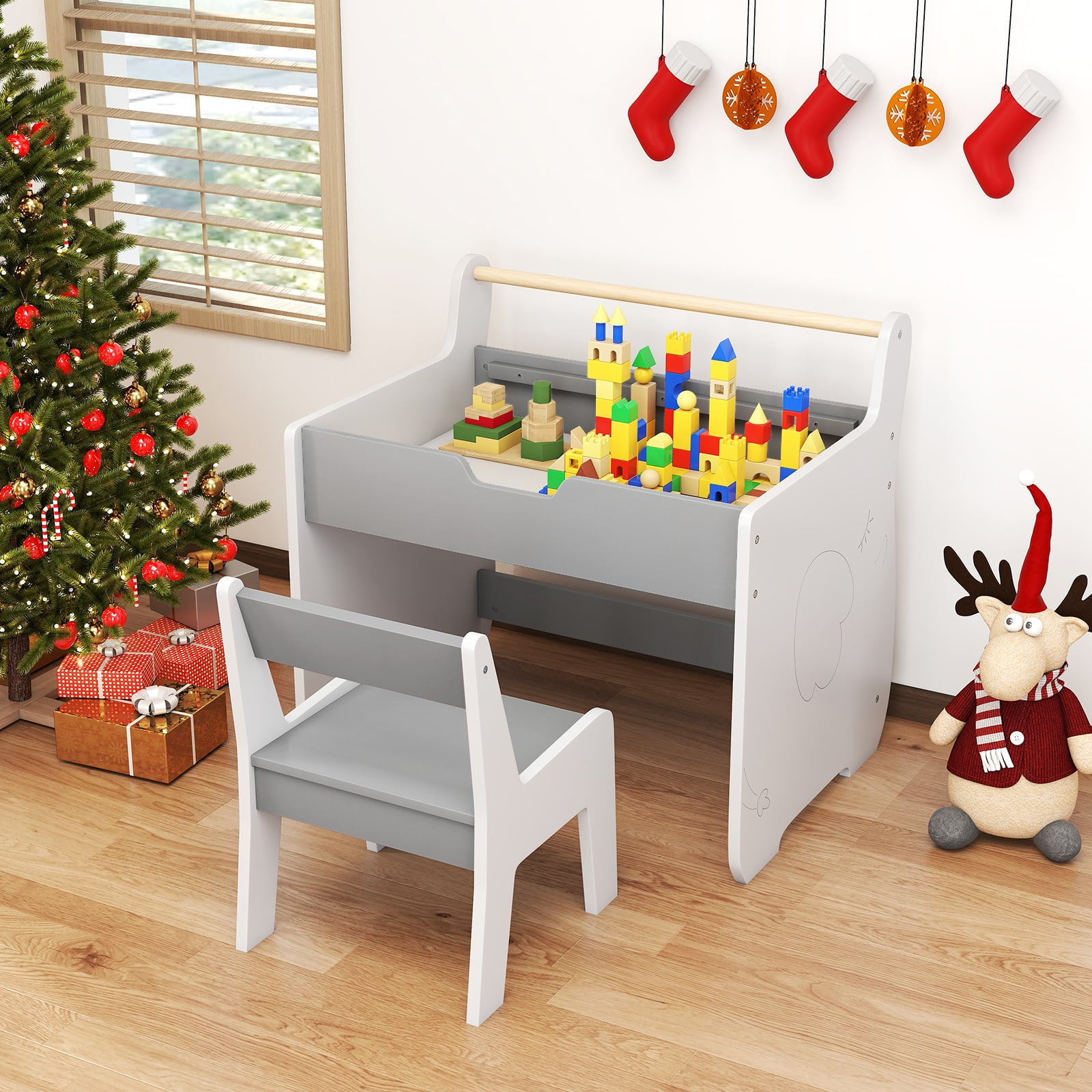 Wooden Kids Activity Table and Chair Set with 2 in 1 Detachable Tabletop-Light Grey