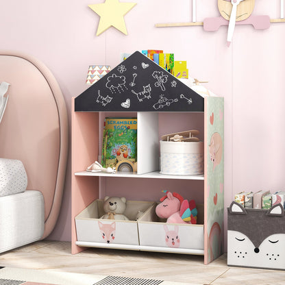 Wooden Kids Dollhouse Bookshelf Toy Storage Organizer with Chalkboard-Pink