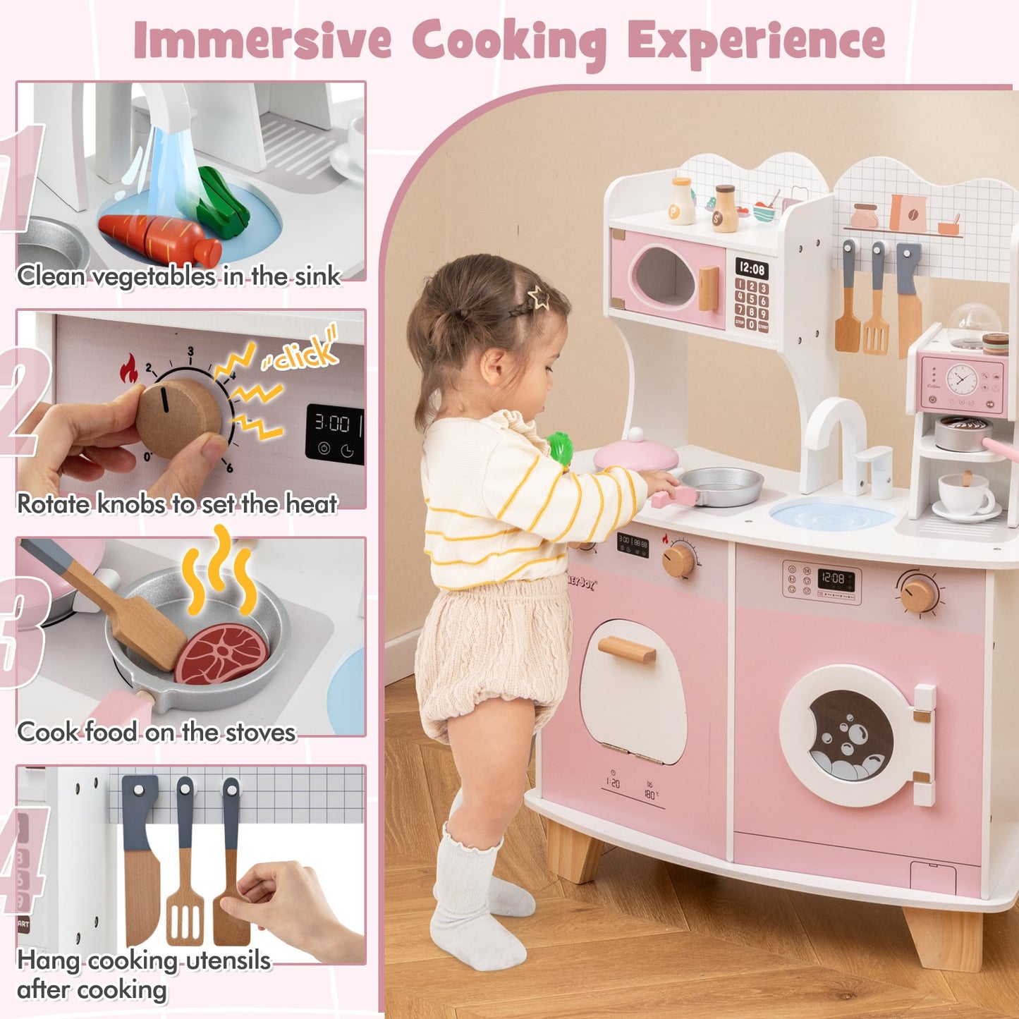 Wooden Kids Kitchen Playset with Coffee Maker for 3+ Years Old-Pink
