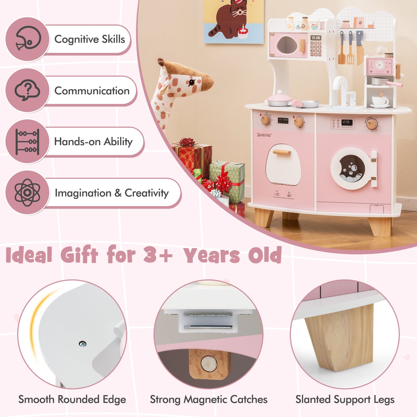 Wooden Kids Kitchen Playset with Coffee Maker for 3+ Years Old-Pink